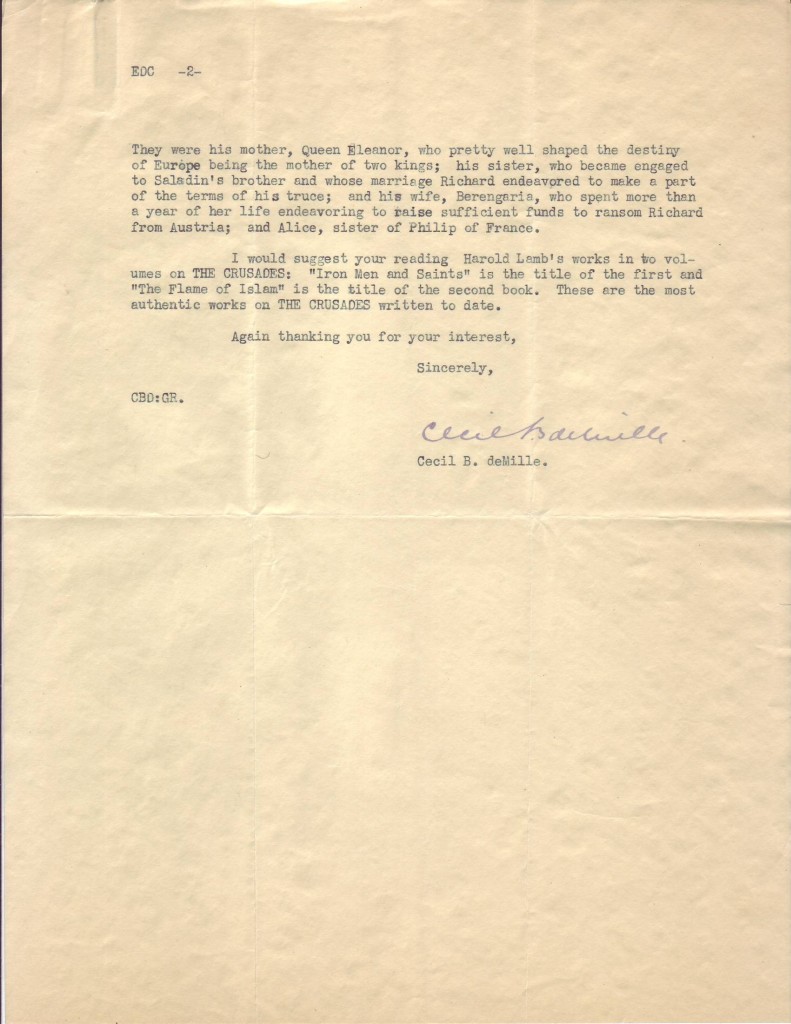 DEMILLE, CECIL B. Typed Letter Signed, to critic E. Dalton Collins,